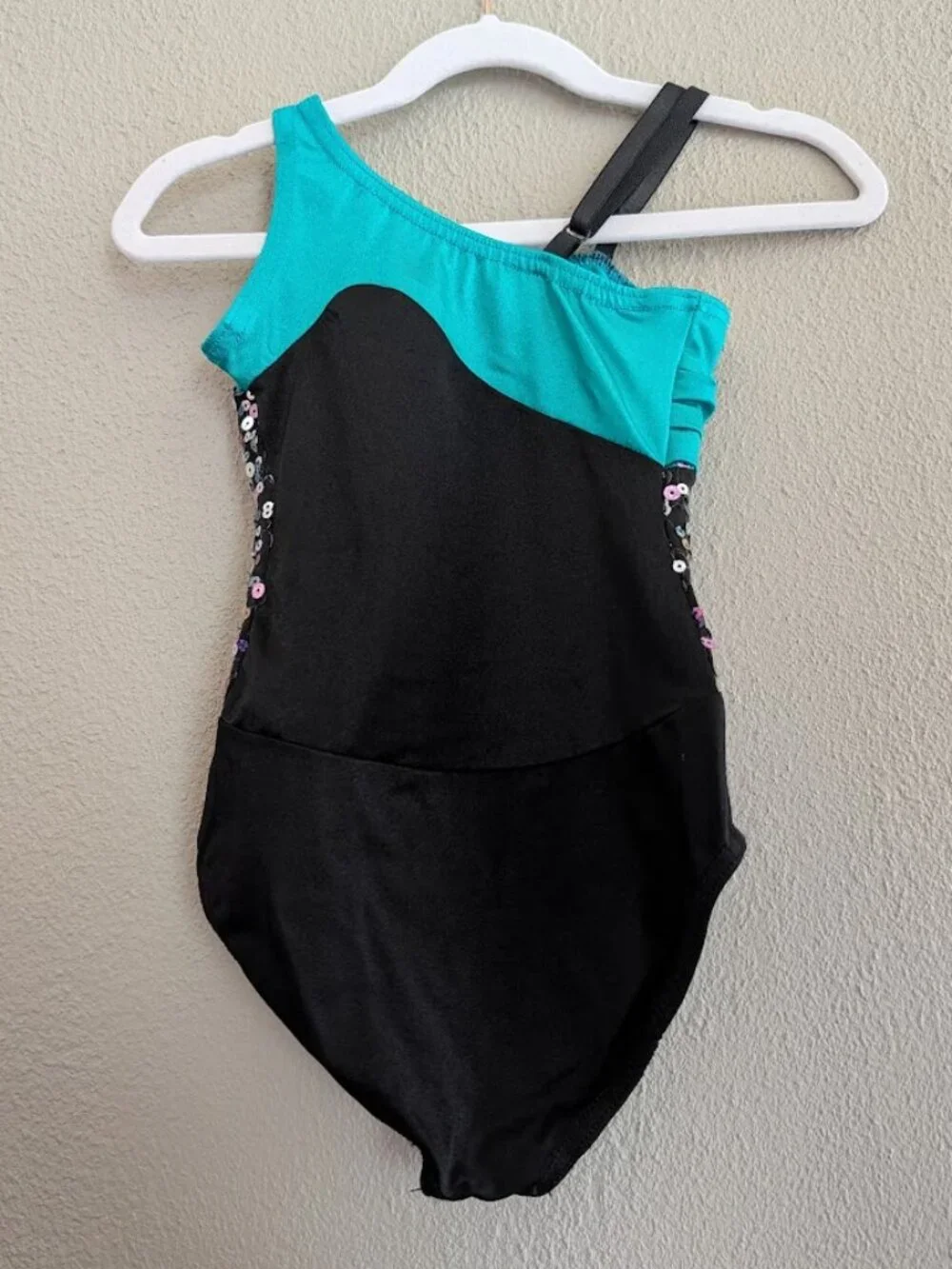 Costume Gallery Teal Sequin Asymmetrical Dance Costume Leotard Child Small